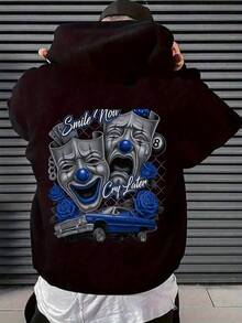 Men's Chicano Style Clown Mask And Blue Low-Cut Hoodie - "Laugh First, Cry Later" Pattern Print, Oversized Hip-Hop Street Style Sweatshirt, Clown Face And Crying Clown Design, Soft And Comfortable Pullover Suitable For Daily Wear, Theme Events, And Gifts (Machine Washable) - Clown Themed Clothing Accessories - 黑色 - 查看 1