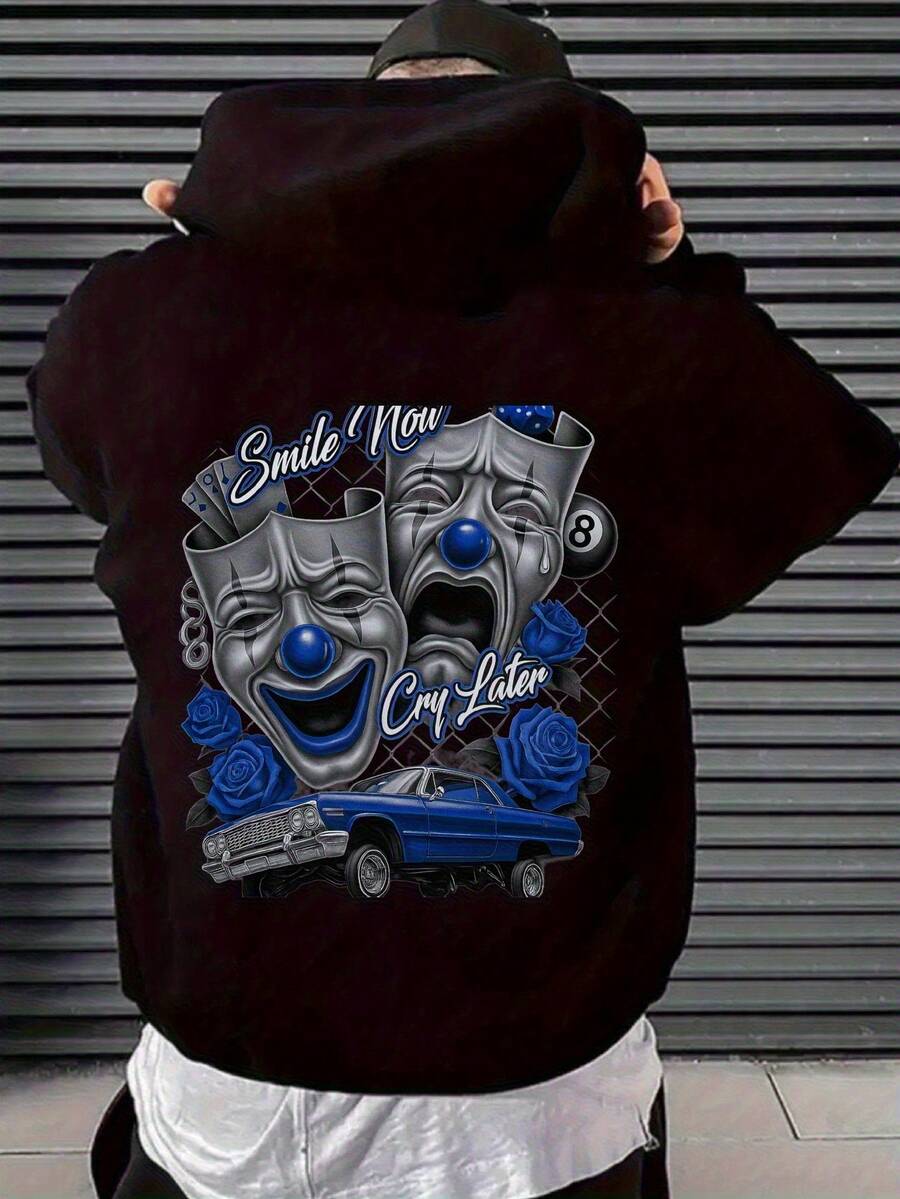 Men's Chicano Style Clown Mask And Blue Low-Cut Hoodie - "Laugh First, Cry Later" Pattern Print, Oversized Hip-Hop Street Style Sweatshirt, Clown Face And Crying Clown Design, Soft And Comfortable Pullover Suitable For Daily Wear, Theme Events, And Gifts (Machine Washable) - Clown Themed Clothing Accessories - 黑色 - 查看 1