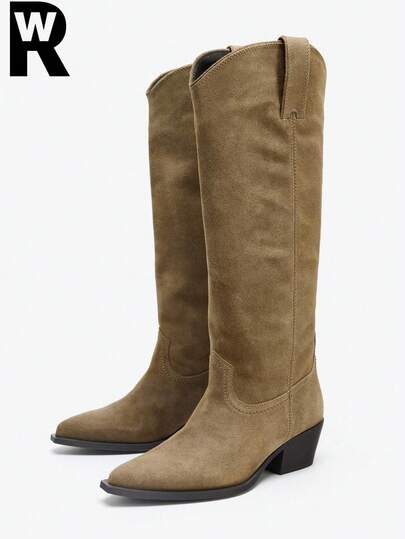 Fall/Winter New High Heel Pointed Toe Tall Boots, Women's Deep Brown Wide Shaft Riding Boots, Tall Straight Shaft Vintage Style,Cowboy Boots