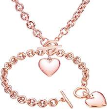 Silver 18k Gold Gold Plated Charm Chunky Stainless Steel Chain Heart Toggle Choker Bracelet Necklace Set Womens Fashion Valentine Jewelry Set - 不銹鋼 - 查看 11