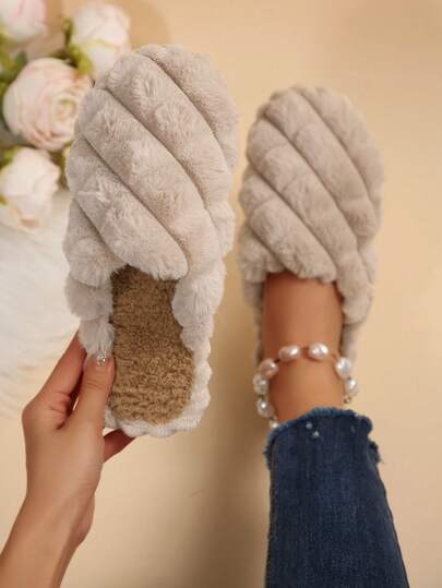 女士厚条纹毛绒内衬拖鞋，抽绳设计，保暖防滑，适合冬季室内穿着