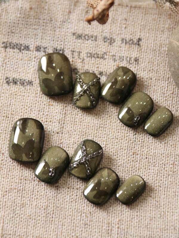 10 Peças Unhas Postiças Acrílicas Pretas e Marrons, Unhas com Efeito Olho de Gato, Corrente, Padrão Escuro, Borboleta, Unhas Falsas Curtas para Uso Diário no Escritório, Kit de Unhas Artificiais Inclui 1 Folha de Adesivos e 1 Lixa Pequena