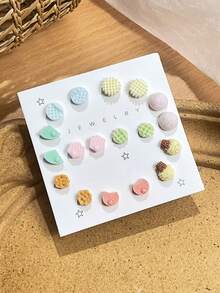 Set de 7/9/12 pares de pendientes de botón de resina con diseño de rosas y girasoles en 3D, adecuados para familia, amigos, uso diario y como regalo - Unitalla - Ver 5