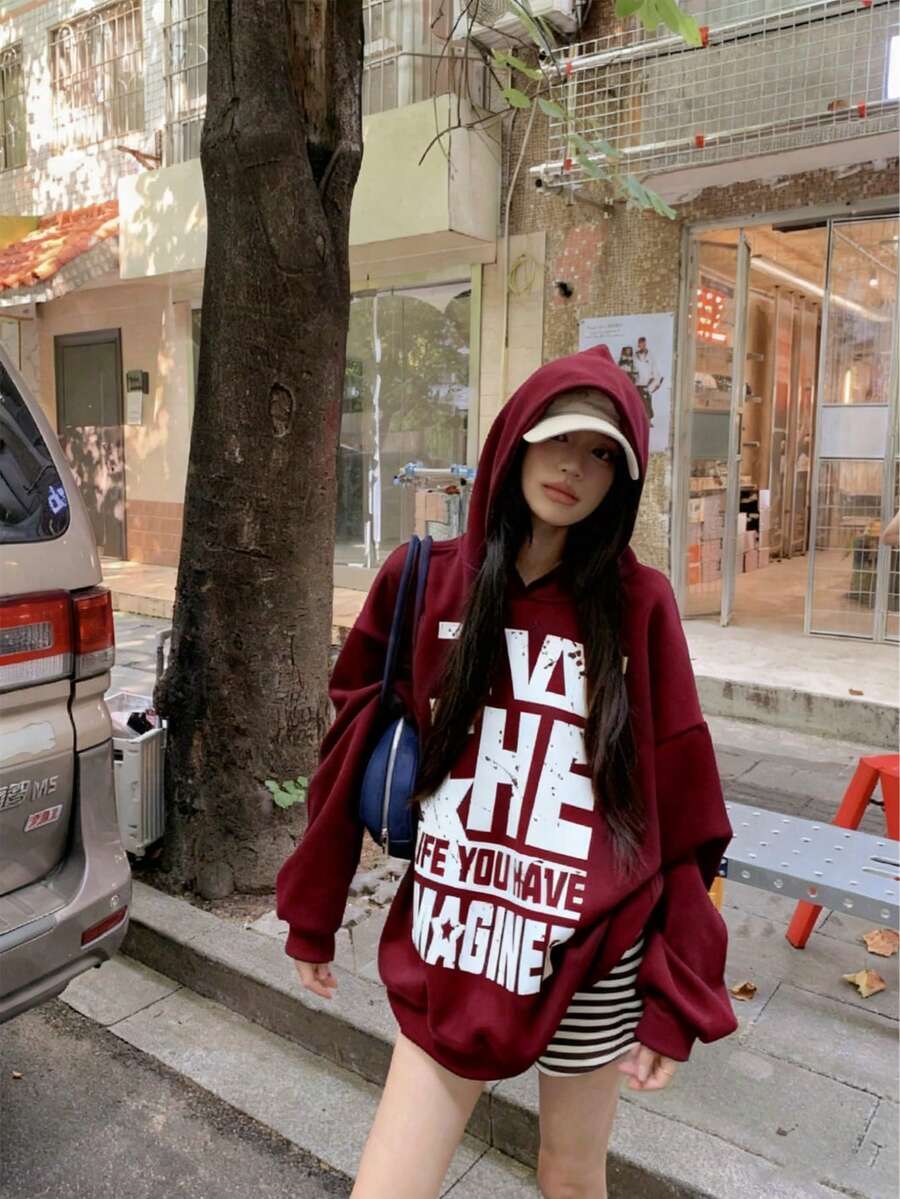 Oversized Loose Hoodie With Letter Print, Long Sleeve