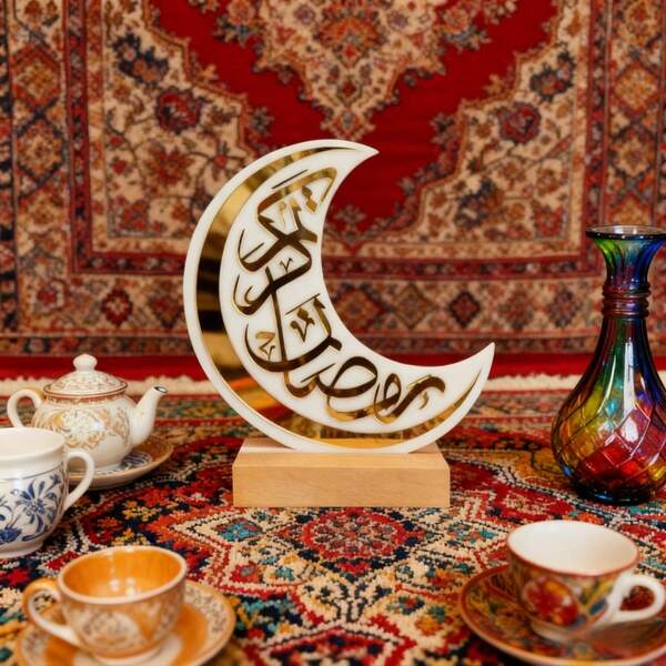 Beautiful Ramadan Mubarak Eid Calligraphy- Ramadan/Eid Decor- Moon Table Stand
