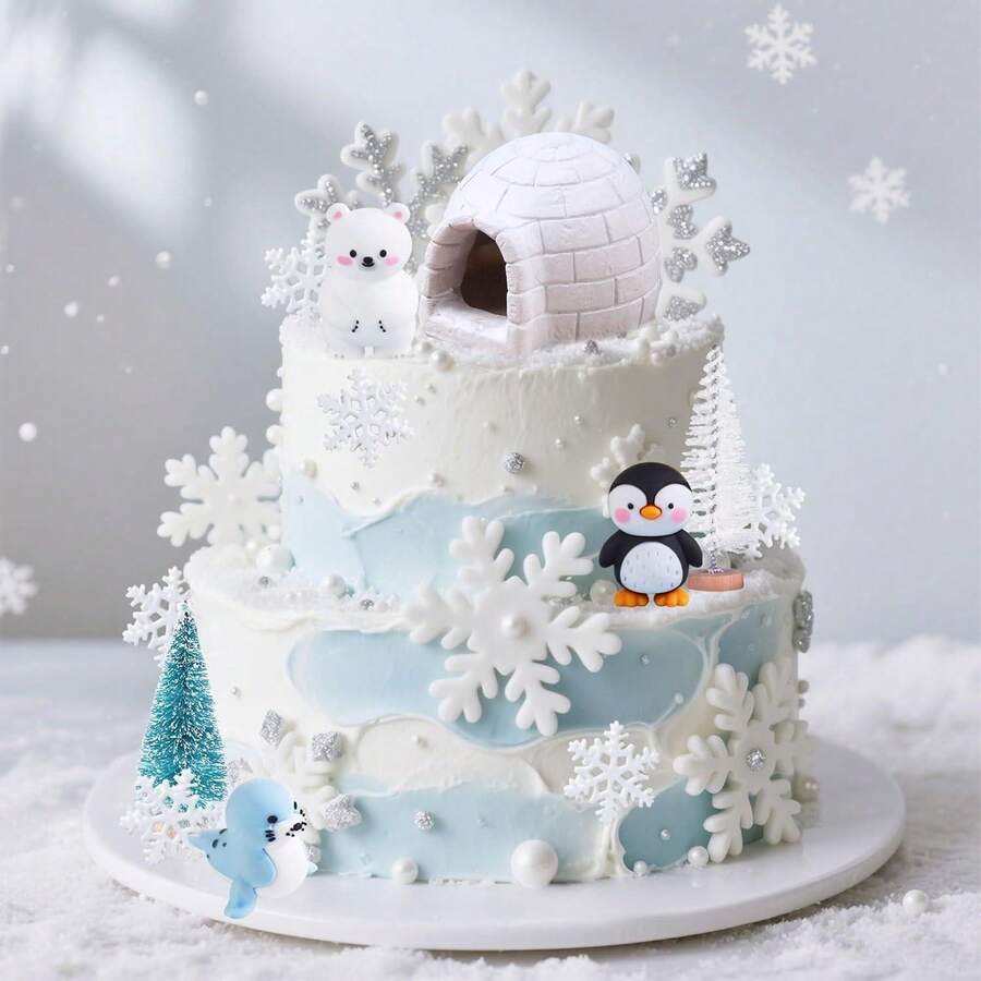 LaVenty Penguin Cake Decoration Winter Wonderland Birthday Decoration Party Supplies Penguin Party Favors Frozen Birthday Cake Decoration - Multicolor - View 1