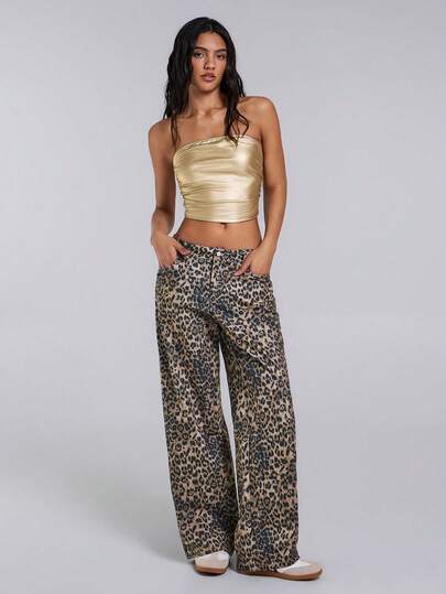 TypaGal 秋冬季 Y2K 狂野现代时尚新年派对复古优雅性感街头简约女式皮革豹纹直筒裤