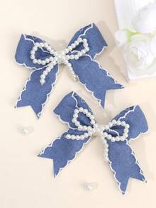 2pcs Blue Hair Bows For Women Solid Color Pearl Bow Alligator Clips Elegant Pearl Bow Hair Clips Wedding Vacation Bow Barrettes Women Hair Accessories - Blue - View 9