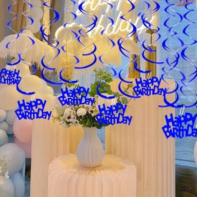 18 قطعة أشرطة ملتفة بحرف عيد ميلاد سعيد باللون الأزرق الداكن والذهبي، 6 حروف عيد ميلاد، 6 حلزونية فردية، 6 حلزونية مزدوجة، ديكورات حفلة عيد الميلاد، مناسبة لتعليقها في مناسبات وحفلات مختلفة