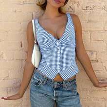 女士夏季休闲无袖厚肩带纽扣格纹背心，女士夏季，女士度假 - 藍色 - 查看 5