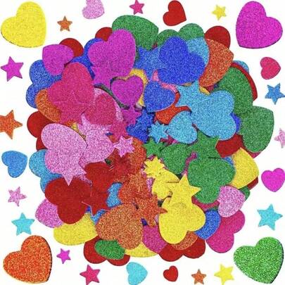 100 张闪光泡沫心形贴纸、迷你星星贴纸、自粘心形贴纸、适用于 DIY 工艺品、派对礼品包装、彩色闪光泡沫贴纸、自粘心形贴纸、多色心形和星星贴纸、迷你星星贴纸、适用于情人节 DIY 工艺品、剪贴簿、贺卡、家居装饰贴纸