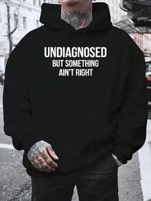 Men's Casual "Undiagnosed But Something Ain't Right" Printed Hoodie - Cozy Plush Pullover Sweatshirt, Long Sleeve, Winter Fashion, Beige, Polyester Blend, Regular Fit,Fall Hoodies,Men's Fall Clothes,Street Wear,Halloween,Mens Hoodies,Y2k Clothes,Jesus Hoodie,Thanksgiving Day,Nightmare Before Christmas,Christmas - 黑色 - 查看 1