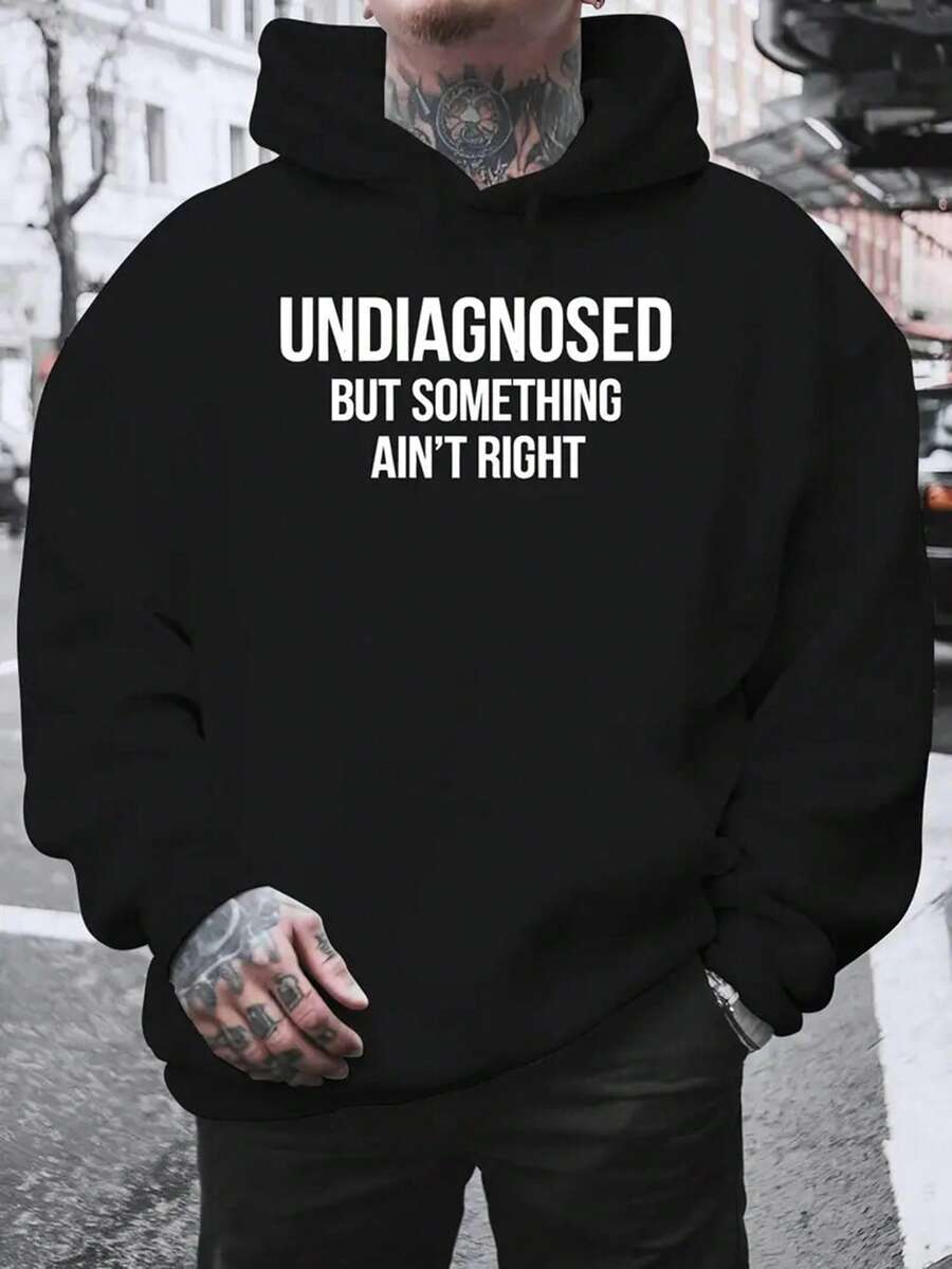 Men's Casual "Undiagnosed But Something Ain't Right" Printed Hoodie - Cozy Plush Pullover Sweatshirt, Long Sleeve, Winter Fashion, Beige, Polyester Blend, Regular Fit,Fall Hoodies,Men's Fall Clothes,Street Wear,Halloween,Mens Hoodies,Y2k Clothes,Jesus Hoodie,Thanksgiving Day,Nightmare Before Christmas,Christmas - 黑色 - 查看 1