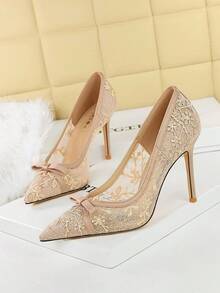 European & American Style Bowknot, Sequin, Lace Mesh Pointed Toe Thin Heel High Heel Pumps, Women's Party Shoes,Stilettos Heels - Champagne - View 3