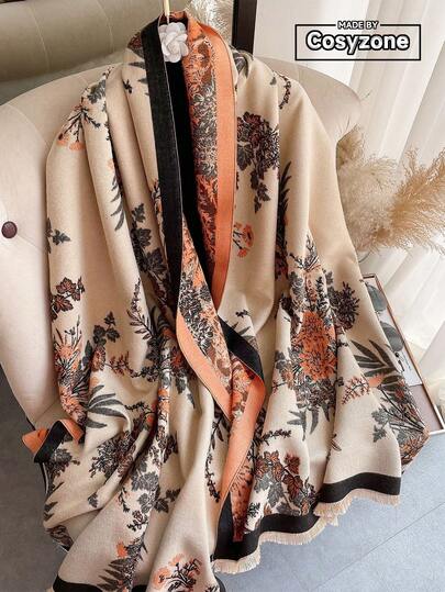 1件装女士仿羊绒花卉提花披肩，时尚百搭空调披肩，加厚保暖围巾，适合日常使用，秋冬季搭配连衣裙