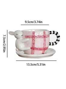 1 Set 350ml 3D Animal Plaid Ceramic Cup & Saucer, Cute Red & White Plaid Animal Pattern Ceramic Cup & Saucer, Cup Body With 3D Animal Decorative Details, Suitable For Coffee And Beverages, Ideal For Children's Room And Gifts For Friends