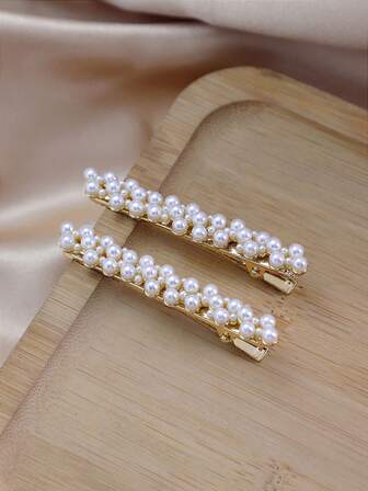 1 Pair Faux Pearl Hair Clips Barrettes For Bangs Side Hair Or Back Hair Claw Clips, School Stuff, Pearl Hair Accessories, Head Accessories