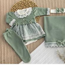 Maternity Outfit With 6 Pieces In Knitted Fabric – Dress, Bodysuit, Blanket, Gloves And Tiara, Size RN - 橄欖綠 - 查看 2