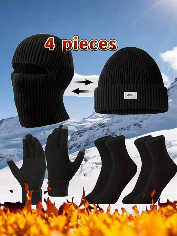 4-Piece Set: Hat + Gloves + 2 Pairs Socks, Men's Thick Windproof Winter Hat Set, Suitable For Outdoor Activities, Cycling, Skiing, Autumn Decorative Gift