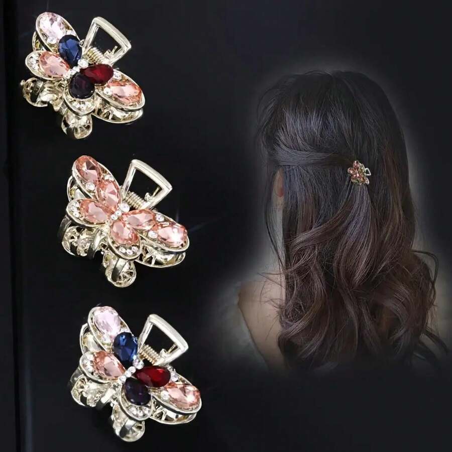 Single Elegant Butterfly Hair Clip, Inlaid With Shiny Rhinestones And Colorful Gemstones - Women's Rectangular Hair Claw Clip, Suitable For Daily And Formal Occasions, Firmly Securing Hair Accessories, Hairdresser Gift, Fashion Accessory, Rhinestone Embellishment, Women's Fashion - Hồng - Xem 1