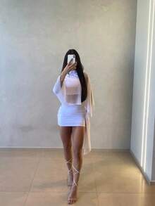 Conjunto Feminino Top e Saia com Tule Manga Longa - Branco - Visão 1