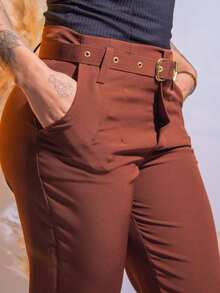 Women's Tailored Trousers With Elegant Buckle Belt And Pocket, Skinny High Waist - 鏽棕色 - 查看 4