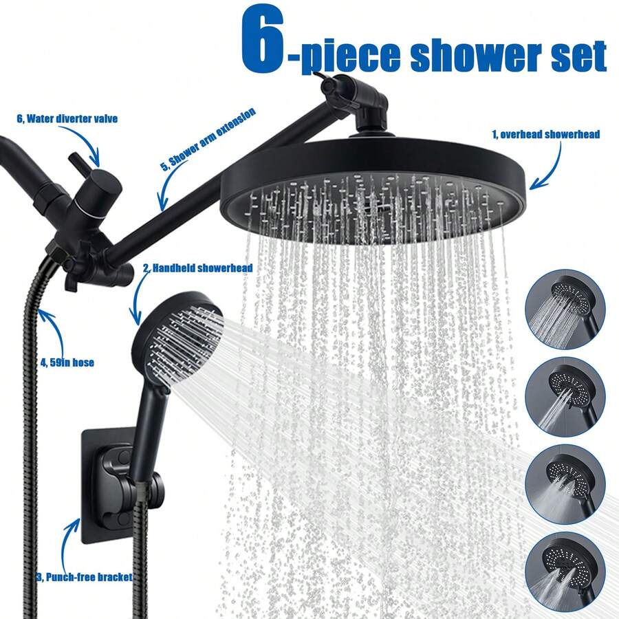 4 模式手持花洒套装，经典美式风格，配备高压方形雨淋花洒头和分水器，抛光 ABS 材质，全身覆盖，无需用电，花洒组合 - 黑色 - 查看 1