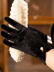 带山茶花图案的黑色天鹅绒手套，适合女士茶会服装/婚宴礼服、万圣节服装手套、圣诞节手套、特殊场合 1920 年代服装晚间歌剧手套 - 黑色 - 查看 5