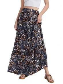 Falda casual plisada con estampado floral de patchwork brillante, ideal para vacaciones y playa