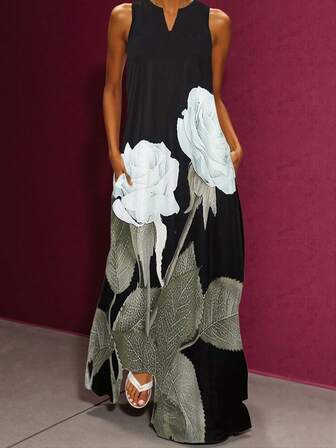 Vestido con cuello en pico y estampado floral grande