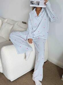 Nina Bonheur 2pcs Women Loose Comfortable Breathable Long Sleeve Top And Long Pants Pajama Set, Cute Home Wear, Fall & Winter Clothes