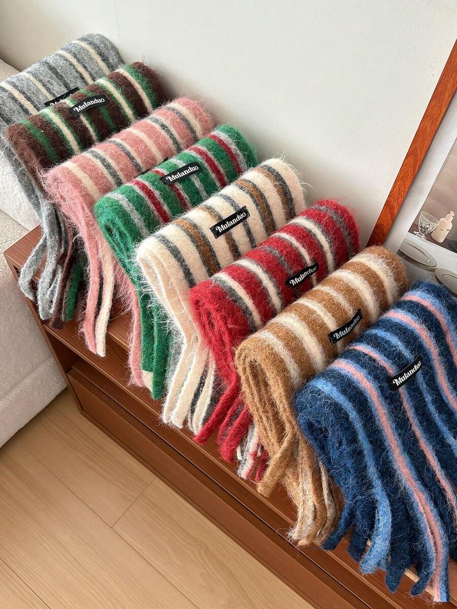 1PC Retro szalik w paski z mieszanki wełny dla kobiet, klimatyczny, świąteczny i zimowy, uniwersalny ocieplacz na szyję i ochraniacz szyi - Wielokolorowe - Zobacz 1