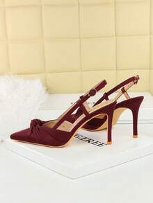 European & American Style Satin Bow Pointed Toe Slip-On High Heel Pumps, Low Vamp Backless Women Party Shoes - Burgundy - View 5