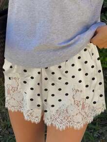 Women Y2k Satin Silk Lace Trim Shorts Polka Dot Lace Floral Patchwork Silky Slip Shorts Comfy Pajamas Bottoms Satin Pettipants French Knickers Casual Lounge Pj Silk Shorts - trắng - Xem 3