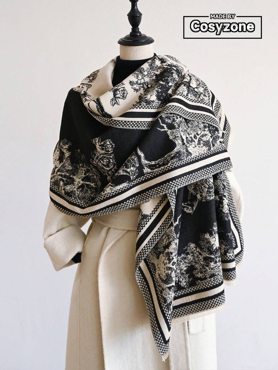 1 buc. Eșarfă caldă reversibilă pentru femei, din cașmir artificial, cu imprimeu floral jacquard, potrivită pentru purtare zilnică, toamnă/iarnă pentru rochie