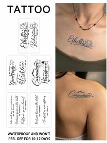 5Pcs Fake Tattoo Temporary Tattoos Semi Permanent Tattoo Floral Letter English Y2K Waterproof Sweatproof Last For 1-2 Weeks Realistic Herbal Juice Anti-Friction Non-Reflective Black For Woman And Men Tattoo Stickers For Arm, Chest, Leg, Abdomen, Waist, Finger, Neck, Spine, Modernist Body Art