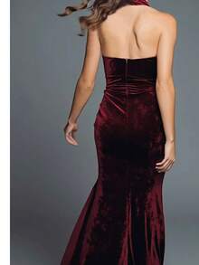 Solid Color Backless High Slit Sequin Patchwork Formal Evening Gown - Burgundy - View 2