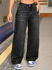 Jeans de pierna ancha negros de estilo retro para adolescentes - Negro - Ver 4