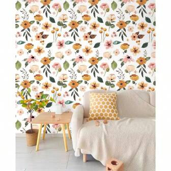 1 Roll Of Self-Adhesive Orange Flower And Fruit Pattern Wallpaper With Pastoral Style Design Pattern, Waterproof And Stain Resistant, Easy To Tear Wallpaper, Suitable For Living Rooms, Kitchens, Bedrooms, And Dormitories