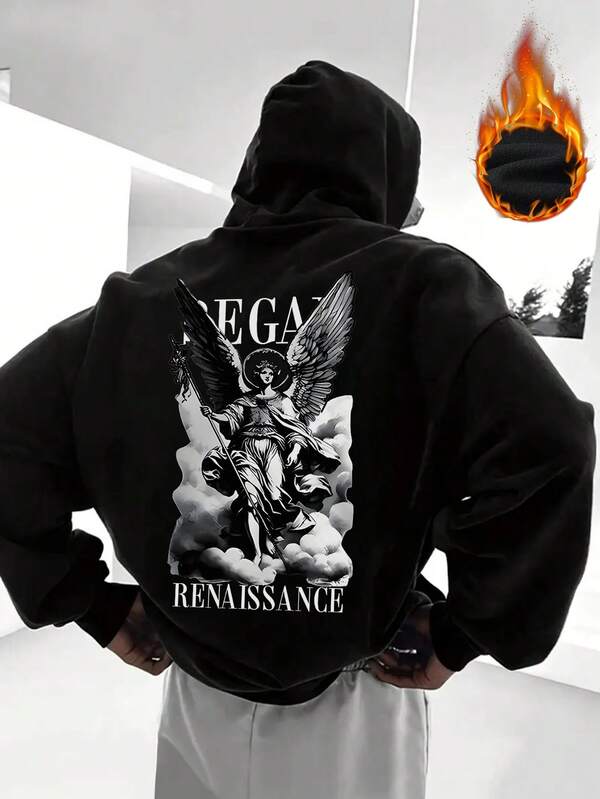 Men's Vintage Casual Renaissance Angel Print Hooded Sweatshirt, Autumn/Winter, 2000s Style
