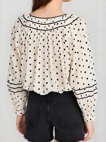 Tie-Up Front Crew Neck Blouse For Women Polka Dot Loose Fit Long Sleeve Shirt Relaxed Boho Tops Pleated Shirts Daily Work Vacation - White - View 3