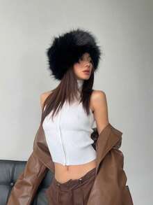 1pc Women's Soft Fluffy Warm Knitted Hat, White, Suitable For Autumn/Winter Decoration,Holiday,Festival - Black - View 7