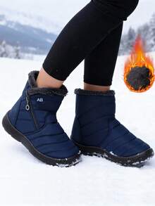 Bottes de neige épaisses et courtes pour femmes, bottes d'hiver chaudes et moelleuses à bout rond, grande taille, avec fermeture éclair latérale, bottes noires pour l'extérieur, tailles 36-44 - Bleu azur - Voir 5
