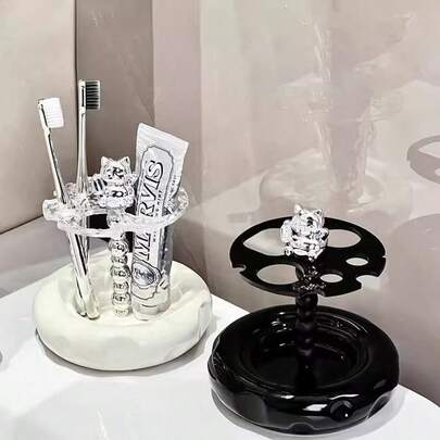 1 pieza Soporte y estante de almacenamiento de cepillo de dientes de cerámica grande - Organizador de encimera para cepillo de dientes eléctrico, pasta de dientes, cepillo de maquillaje con instalación independiente - Artículo esencial para el baño para un espacio libre de desorden