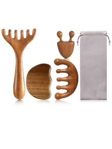 2件/3件/4件檀香按摩工具套装，包括面部和头部按摩刮刀、面部美容按摩棒、用于肌肉放松的身体按摩板