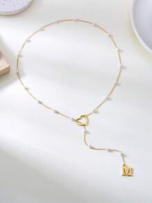 1pc 18k Gold Plated Stainless Steel Letter Heart Necklace, Minimalist 26 English Alphabet Necklace For Women, Mom Gifts (Recommended To Wrap Around The Neck Twice, Otherwise It May Easily Fall Off. The Number Of Beads On The Chain Is Randomly Based On The Length) - Yellow Gold - View 2