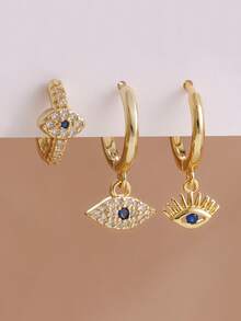 3pcs Set Exquisite New Gold Evil Eye Single Earring, 18K Gold Plated Stainless Steel Material, Small Punk Style Earring, Piercing Jewelry - 3pcs for One Ear - View 1
