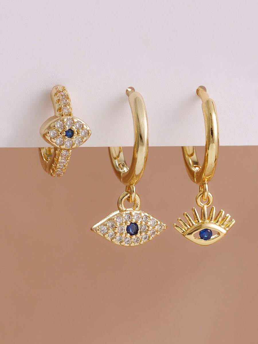 3pcs Set Exquisite New Gold Evil Eye Single Earring, 18K Gold Plated Stainless Steel Material, Small Punk Style Earring, Piercing Jewelry - 3pcs for One Ear - View 1
