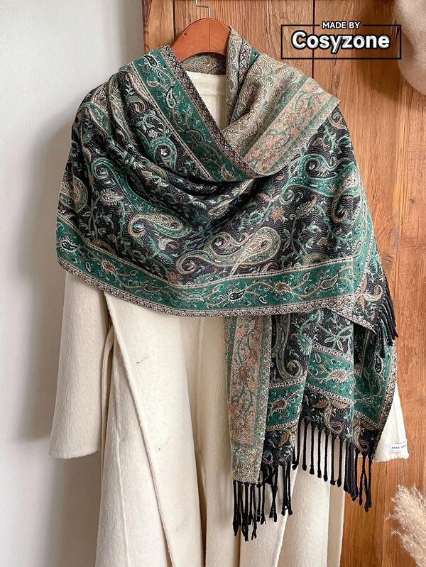 1件装 女士秋冬仿羊绒复古佩斯利提花波西米亚风保暖流苏围巾披肩