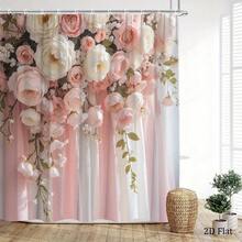2D Flat Print Elegant Floral Pattern Artificial Gemstone Shower Curtain Decorated With Soft Pink And White Roses, Peonies, And Draped Fabric Suitable For Wedding Home Decoration Bathtub Curtain Includes  Size 70.8x 70.8inch 2D Flat Style - 彩色 - 查看 4